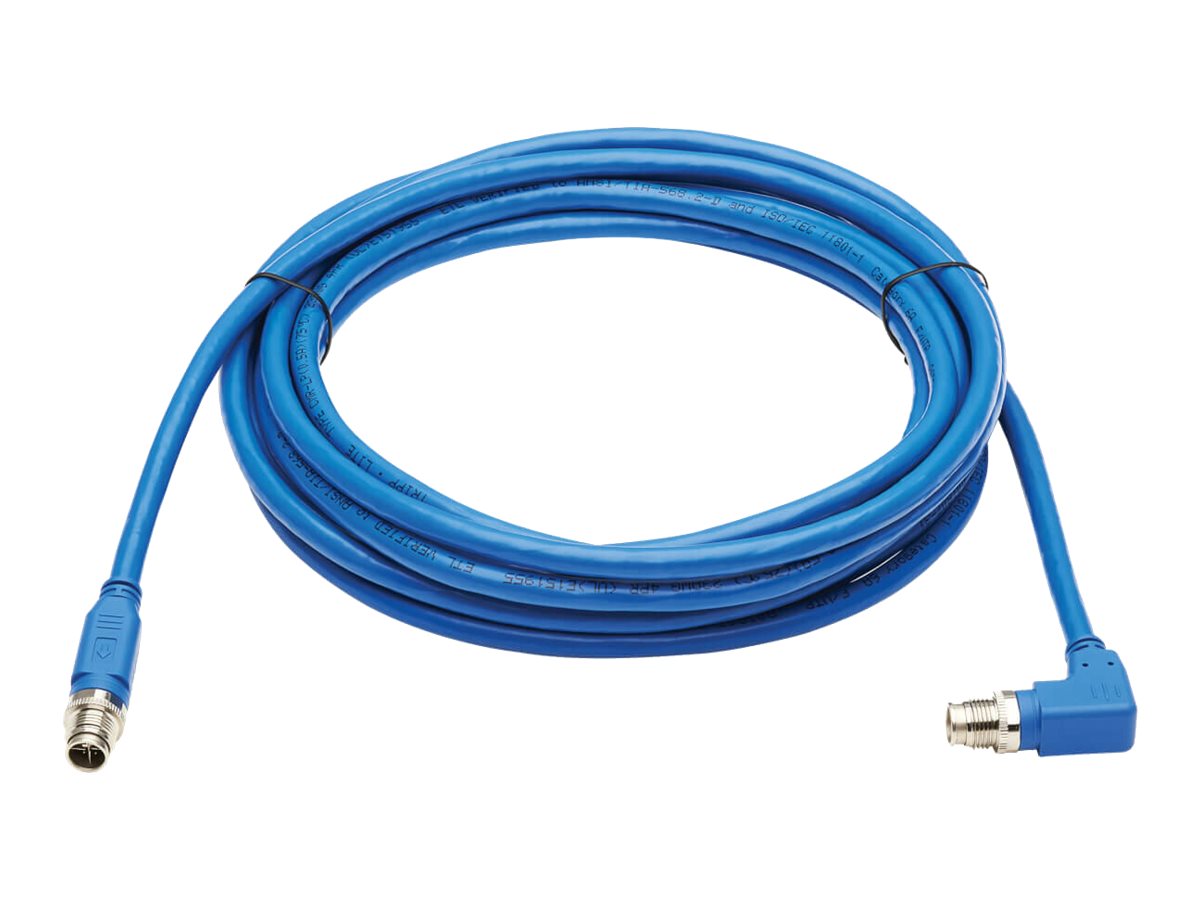 Eaton Tripp Lite Series M12 X-Code Cat6a 10G F/UTP CMR-LP Shielded Ethernet Cable (Right-Angle M/M), IP68, PoE, Blue, 3 m (9.8 f