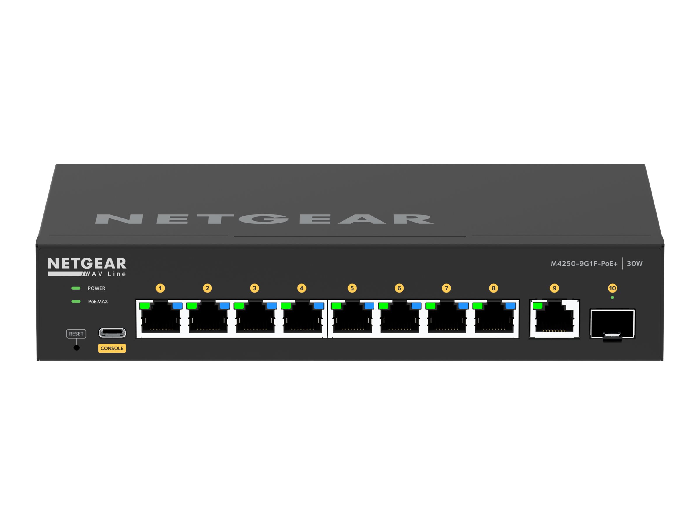 NETGEAR AV Line M4250-9G1F-PoE+ - Switch - L3 - managed - 8 x 10/100/1000 (8 PoE+) + 1 x 10/100/1000 + 1 x Gigabit SFP - Seite-z