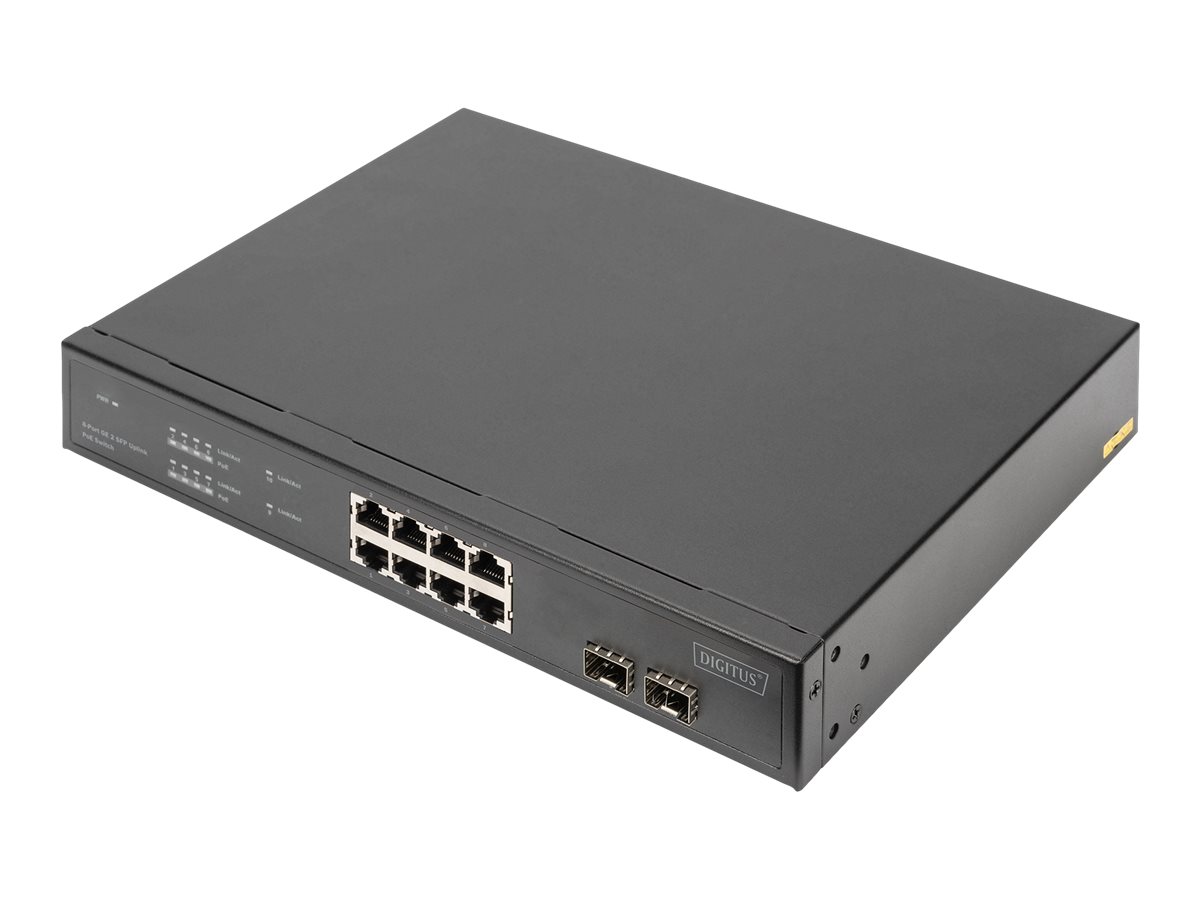 DIGITUS - Switch - unmanaged - 8 x 10/100/1000 (PoE) + 2 x Gigabit SFP (Uplink) - Desktop, an Rack montierbar - PoE+ (140 W)