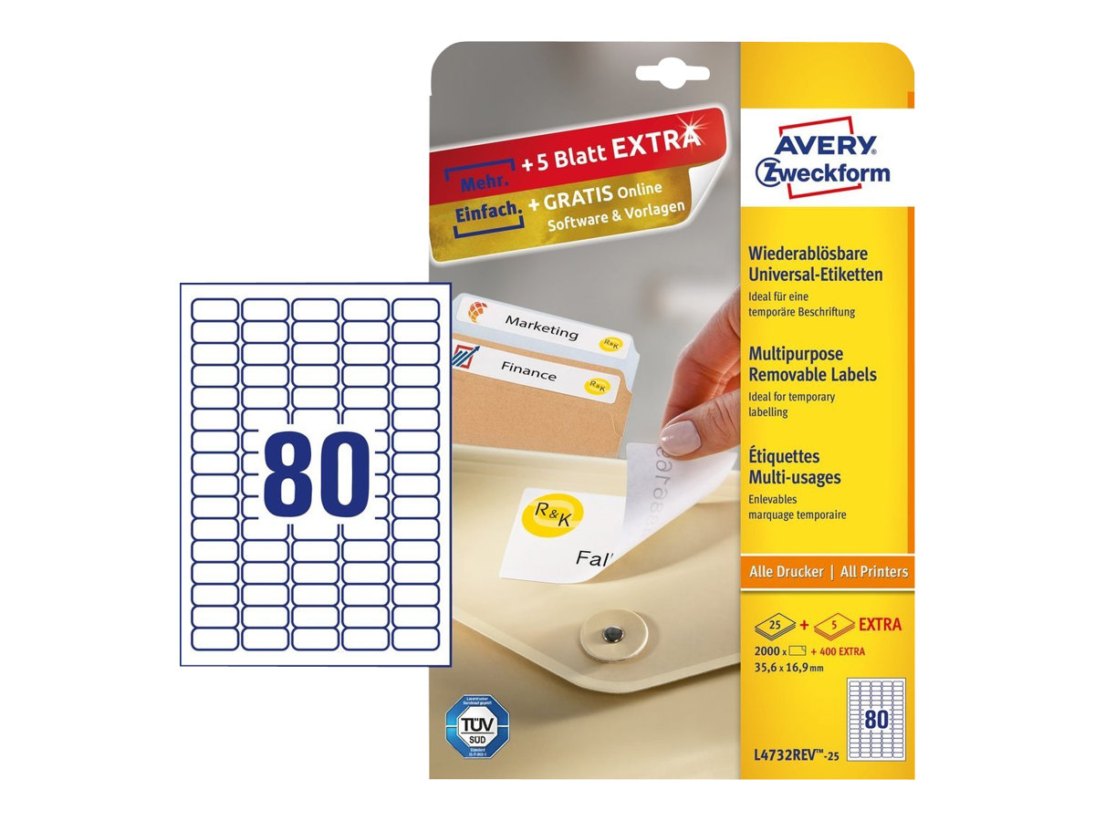 Avery - Entfernbarer Klebstoff - weiss - 35.6 x 16.9 mm 2000 Etikett(en) (25 Bogen x 80) Etiketten