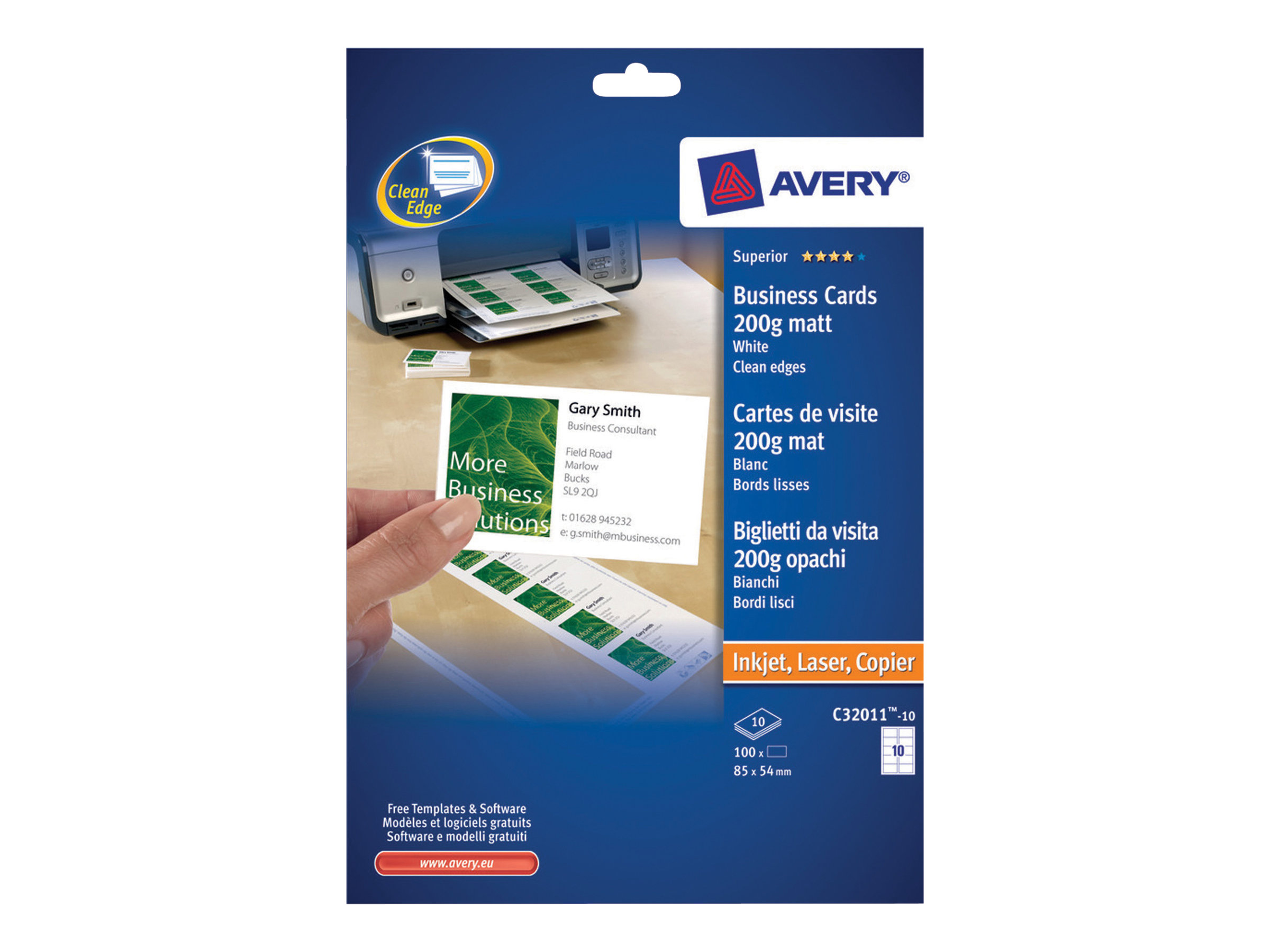 Avery Quick&Clean C32011 - Weiss - 45 x 85 mm - 200 g/m - 100 Karte(n) (10 Bogen x 10) Visitenkarten