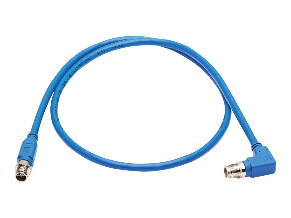 Eaton Tripp Lite Series M12 X-Code Cat6a 10G F/UTP CMR-LP Shielded Ethernet Cable (Right-Angle M/M), IP68, PoE, Blue, 2 m (6.6 f