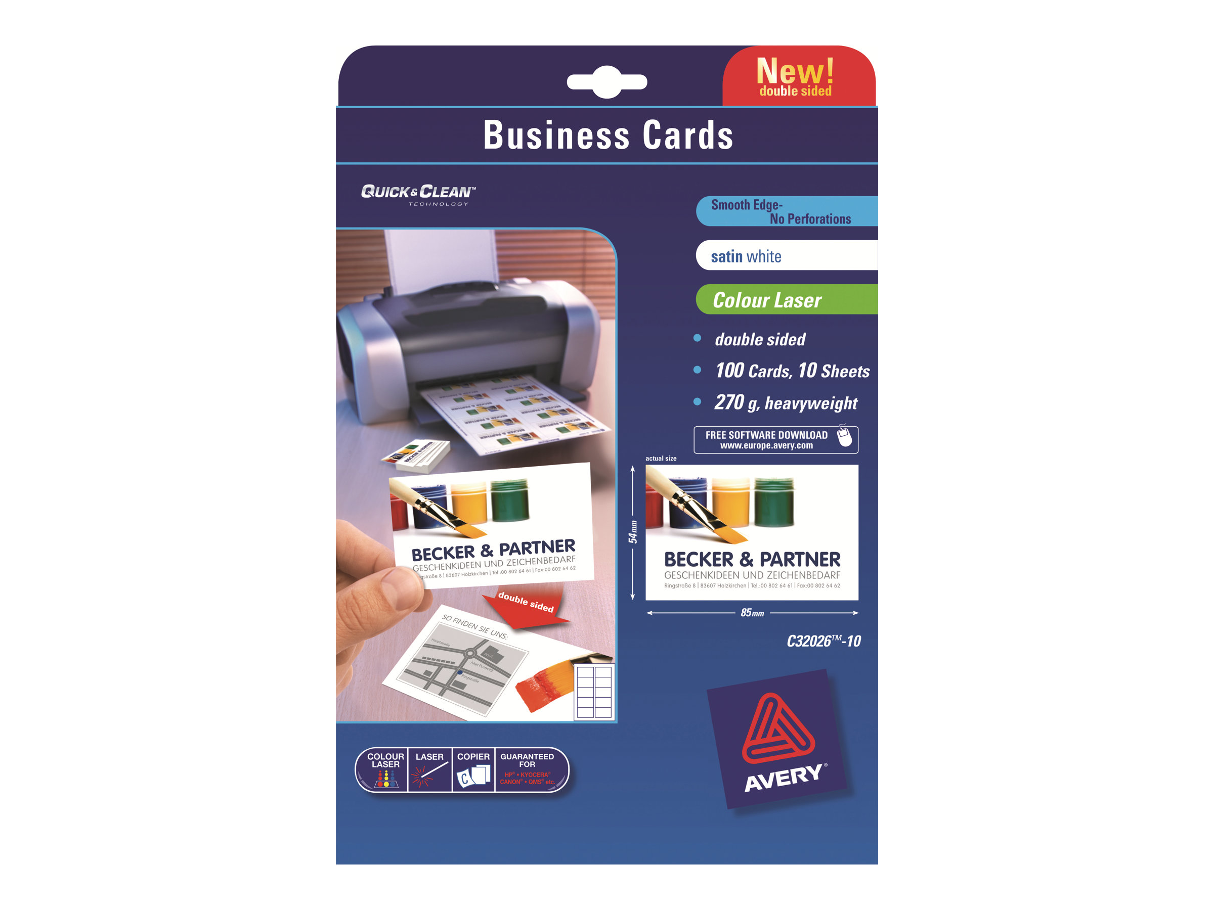 Avery Quick&Clean C32026-10 - Matt - weiss - 54 x 85 mm - 270 g/m - 100 Karte(n) (10 Bogen x 10) Visitenkarten