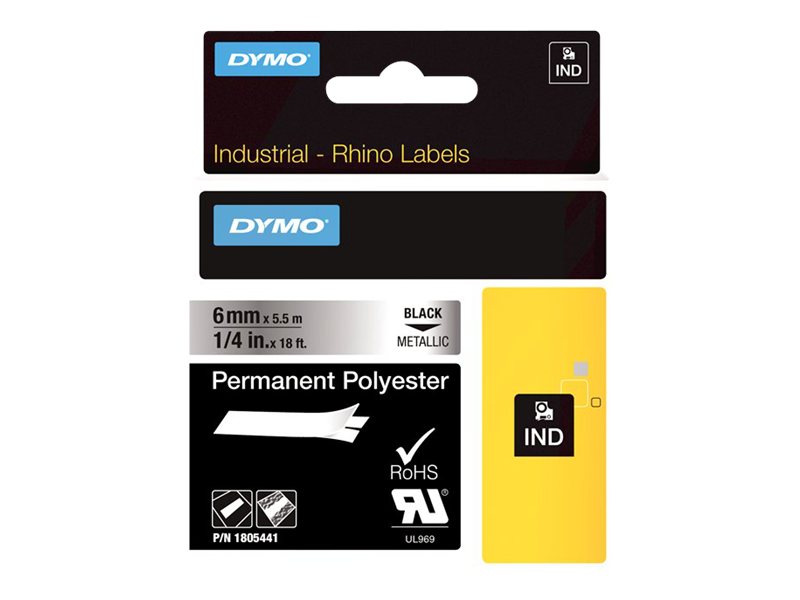 DYMO Rhino Permanent Polyester - Polyester - permanenter Klebstoff - schwarz auf Metall - Rolle (0,6 cm x 5,5 m) 1 Kassette(n) (