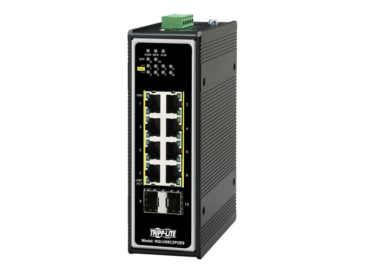 Tripp Lite Unmanaged Industrial Gigabit Ethernet Switch 8-Port - 10/100/1000 Mbps, PoE+ 30W, 2 GbE SFP Slots, DIN Mount - Switch