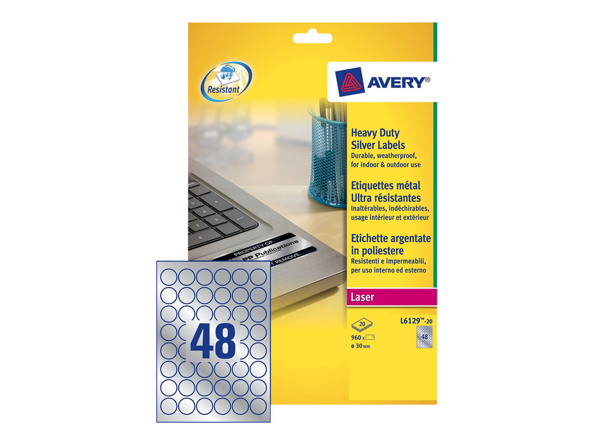 Avery Heavy Duty Laser Labels - Polyester - permanent selbstklebend - Silber - 30 mm rund 960 Etikett(en) (20 Bogen x 48) Folie 