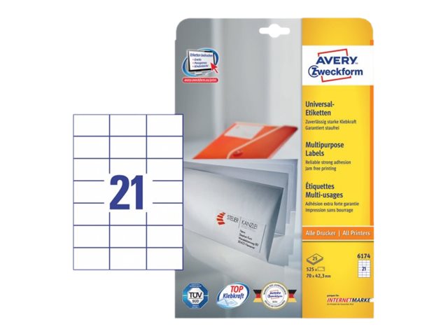 Avery - Papier - permanenter Klebstoff - weiss - 70 x 42.3 mm 525 Etikett(en) (25 Bogen x 21) Mehrzwecketiketten
