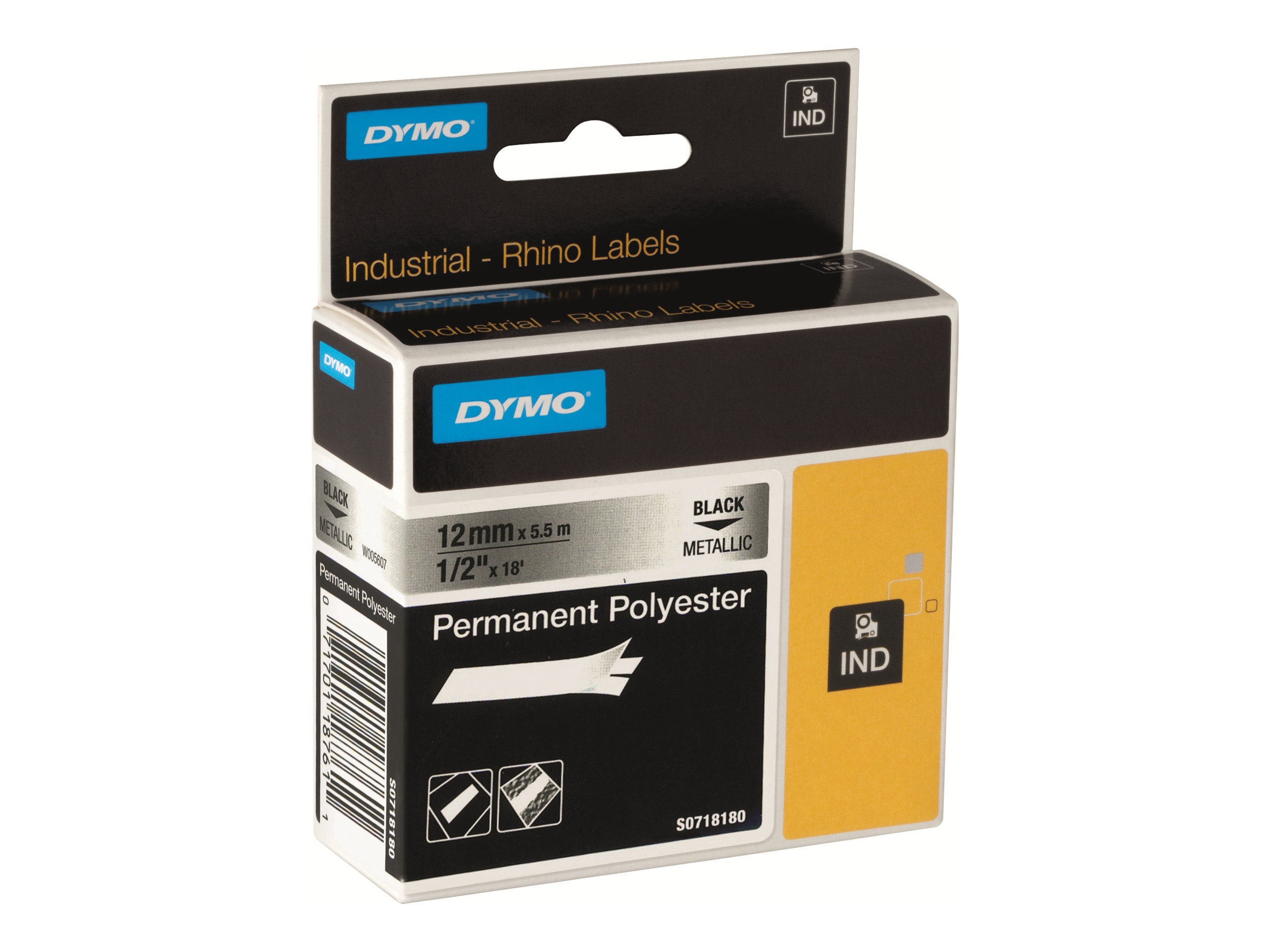 DYMO RhinoPRO Permanent Polyester - Polyester - permanenter Klebstoff - schwarz auf durchsichtig - Rolle (1,2 cm x 5,5 m) 1 Kass