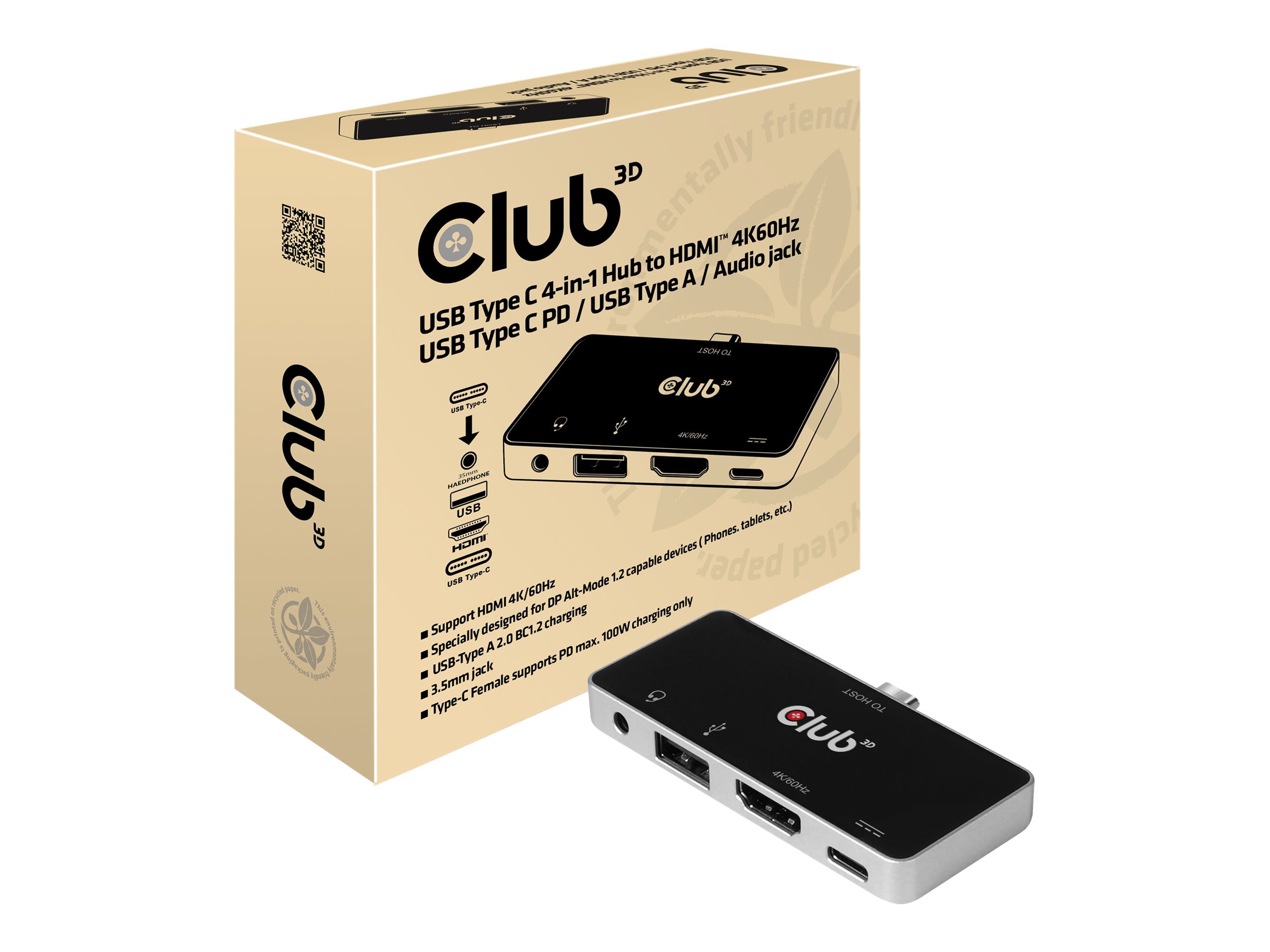 Club 3D USB Type C 4-in-1 Hub - Dockingstation - USB-C - HDMI