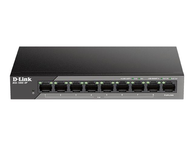 D-Link DSS 100E-9P - Switch - unmanaged - 8 x 10/100 (PoE) + 1 x 1000Base-T - Desktop - PoE (92 W)