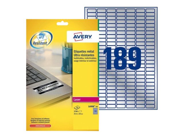 Avery Heavy Duty Laser Labels - Polyester - Silber - 10 x 25.4 mm 3780 Stck. (20 Bogen x 189) Etiketten
