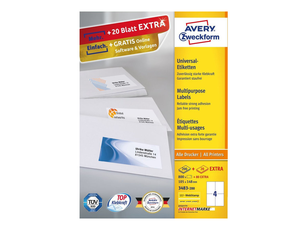 Avery Zweckform Universal - Papier - permanenter Klebstoff - weiss - A6 (105 x 148 mm) 800 Etikett(en) (200 Bogen x 4) Etiketten