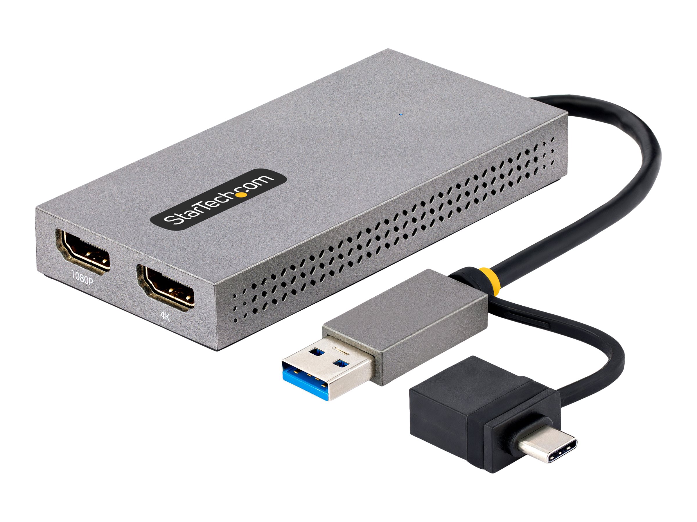 StarTech.com USB to Dual HDMI Adapter, USB A/C to 2x HDMI Monitors (1x 4K 30Hz, 1x 1080p), Integrated USB-A to C Dongle, 4in/11c