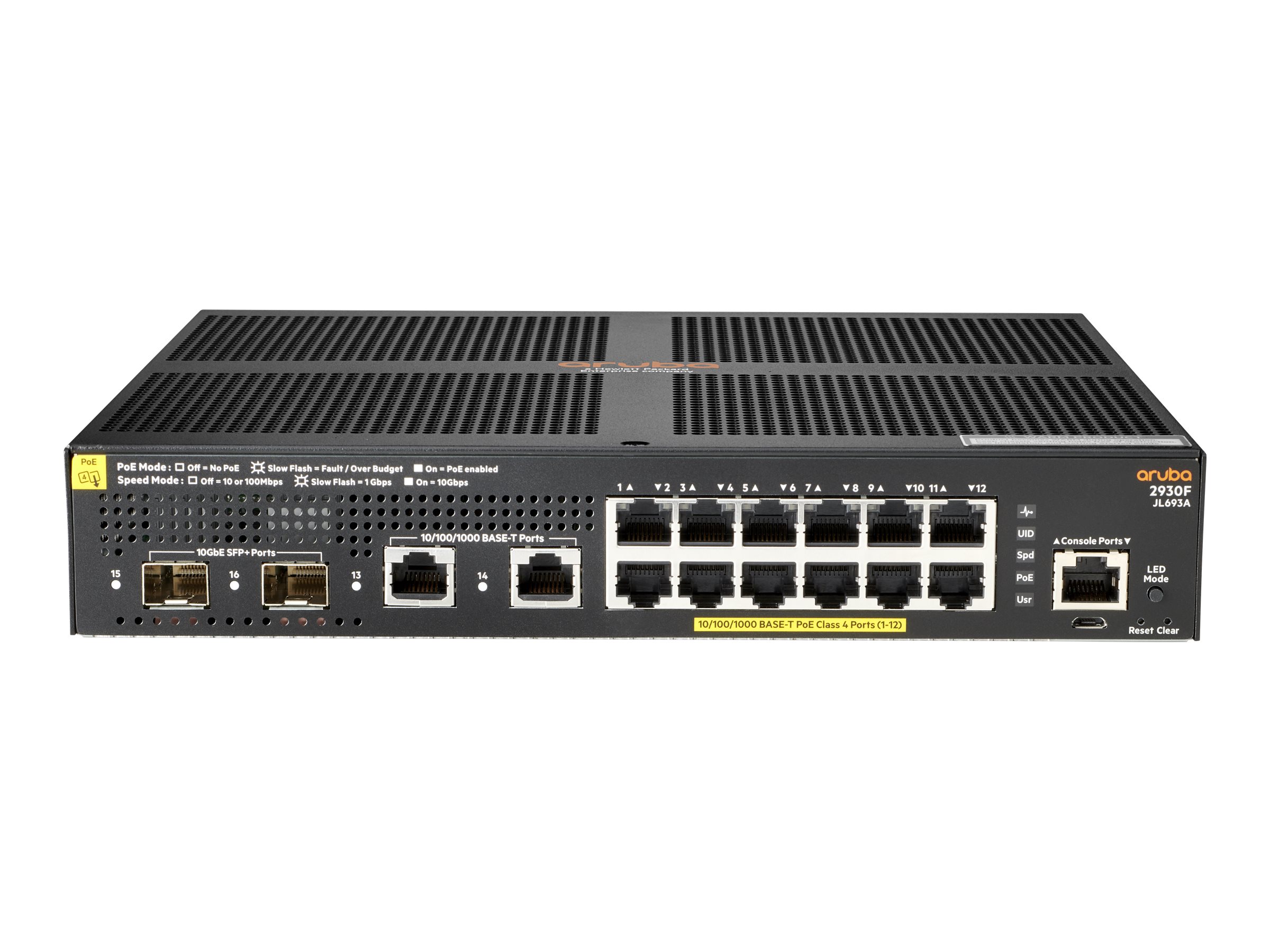 HPE Aruba 2930F 12G PoE+ 2G/2SFP+ - Switch - L3 - managed - 12 x 10/100/1000 (PoE+) + 2 x 1 Gigabit/10 Gigabit SFP+ (Uplink) + 2
