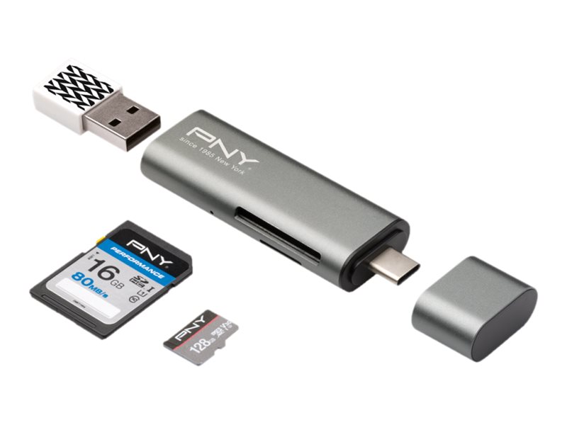 PNY - Kartenleser - 3 in 1 (SD, microSD, SDHC, microSDHC, SDXC, microSDXC) - USB-C