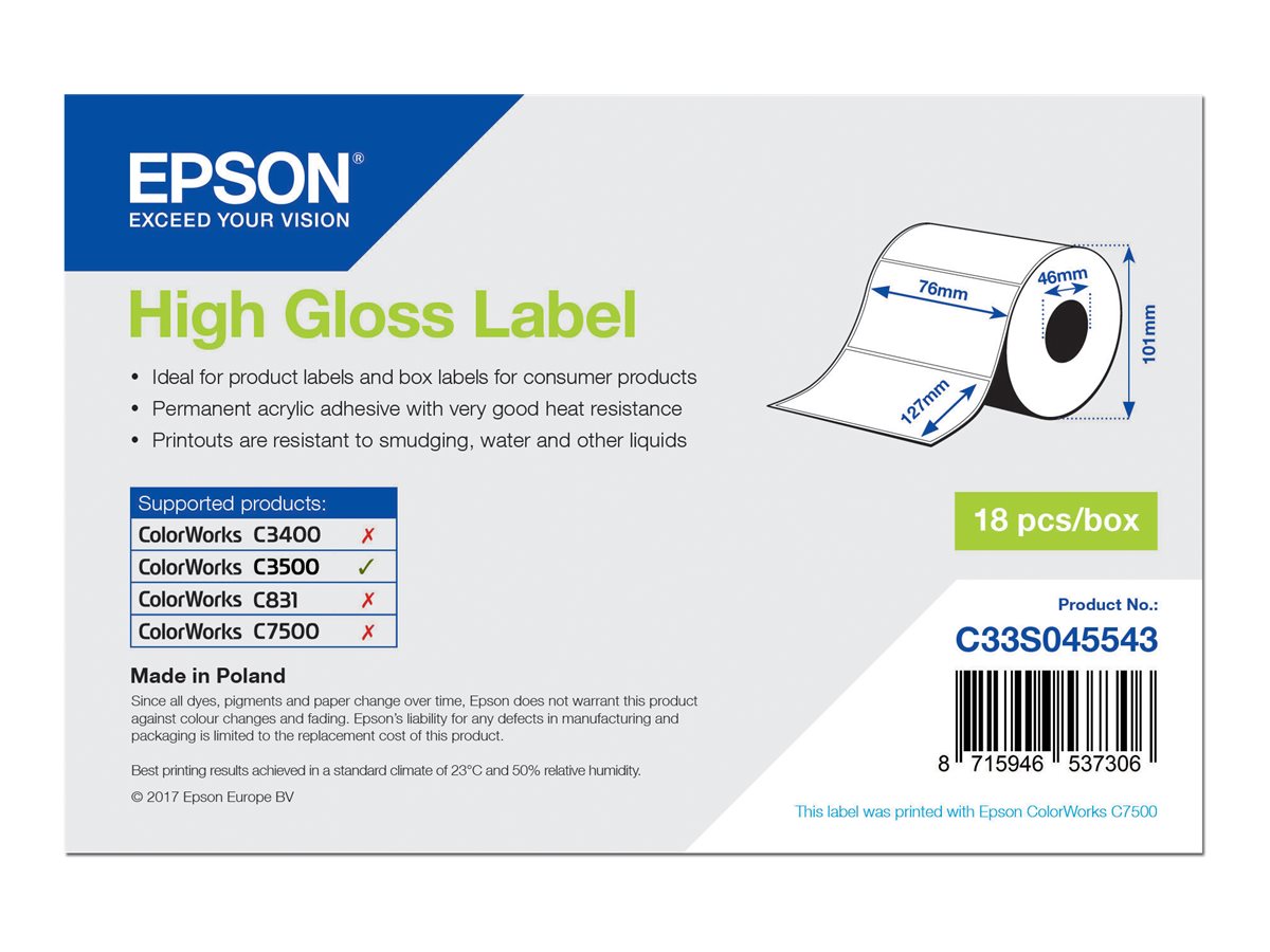 Epson - Hochglnzend - 76 x 127 mm 250 Etikett(en) (1 Rolle(n) x 250) gestanzte Etiketten - fr ColorWorks CW-C4000E (BK), CW-C4