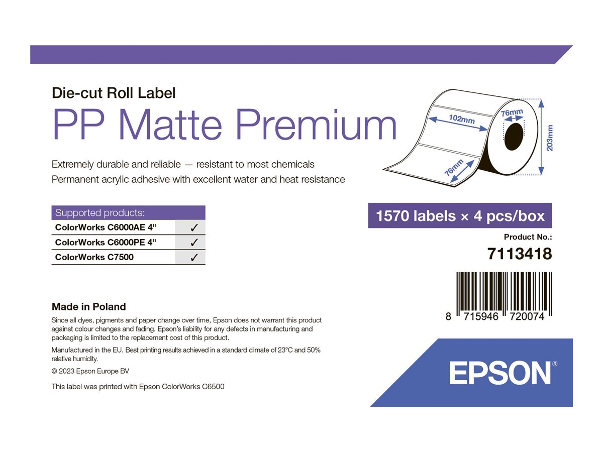 Epson Premium - Polypropylen (PP) - matt - permanenter Acrylklebstoff - 102 x 76 mm 6280 Etikett(en) (4 Rolle(n) x 1570) gestanz