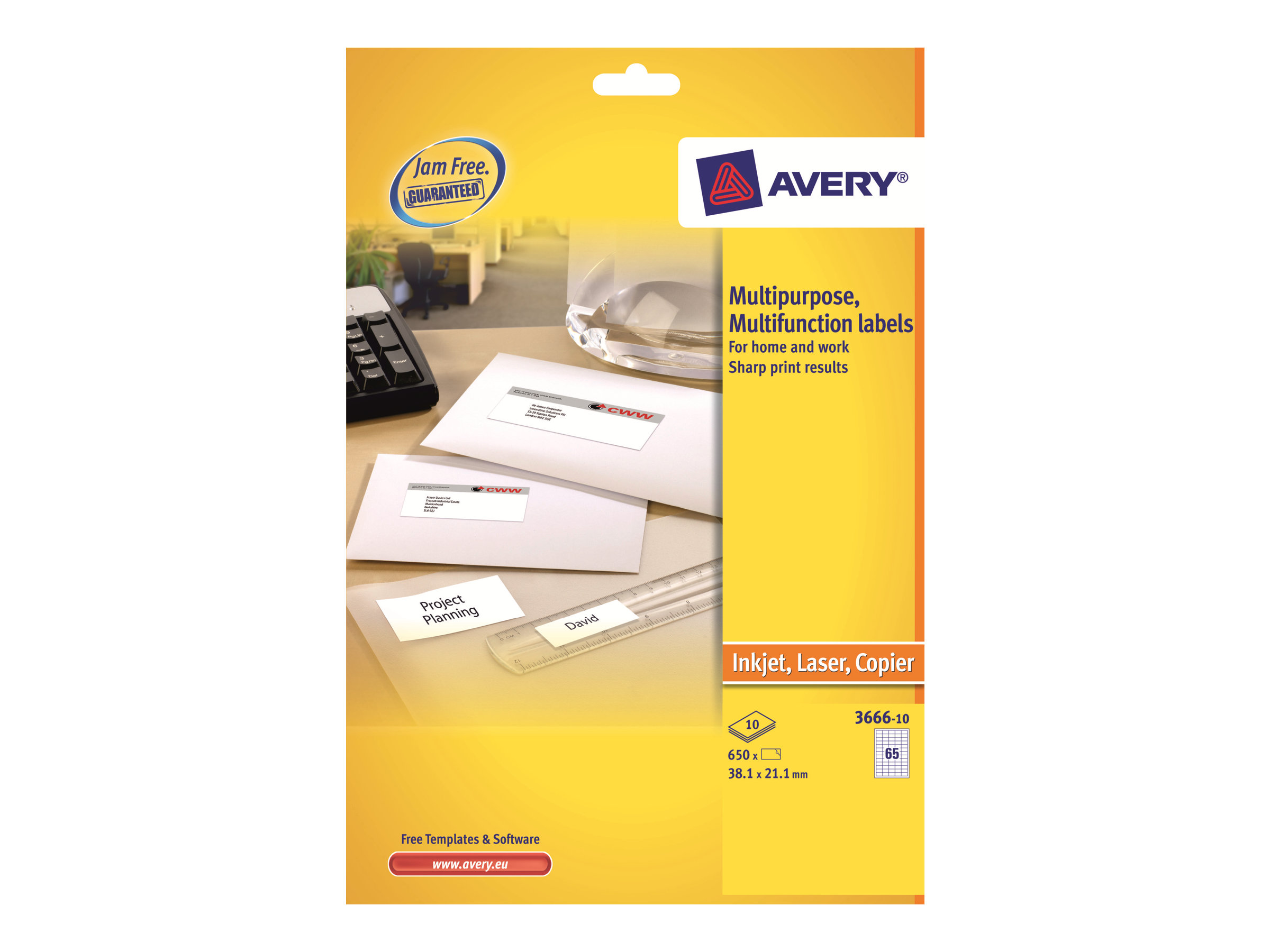 Avery Multi-Purpose Labels 3666 - Klebstoff - weiss - 21.2 x 38 mm 650 Etikett(en) (10 Bogen x 65) Etiketten