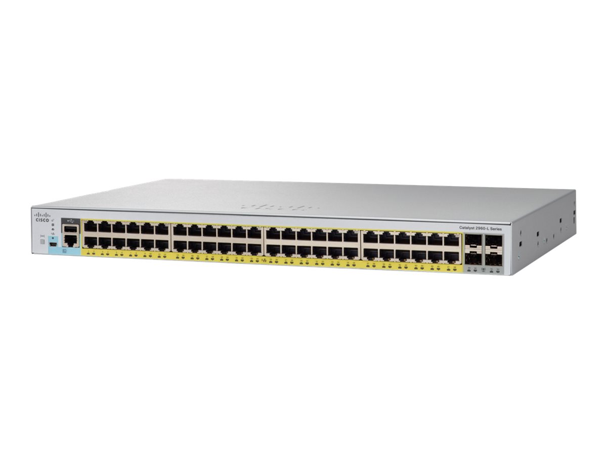 Cisco Catalyst 2960L-SM-48PS - Switch - L3 - Smart - 48 x 10/100/1000 (PoE+) + 4 x 1 Gigabit Ethernet SFP+ - an Rack montierbar