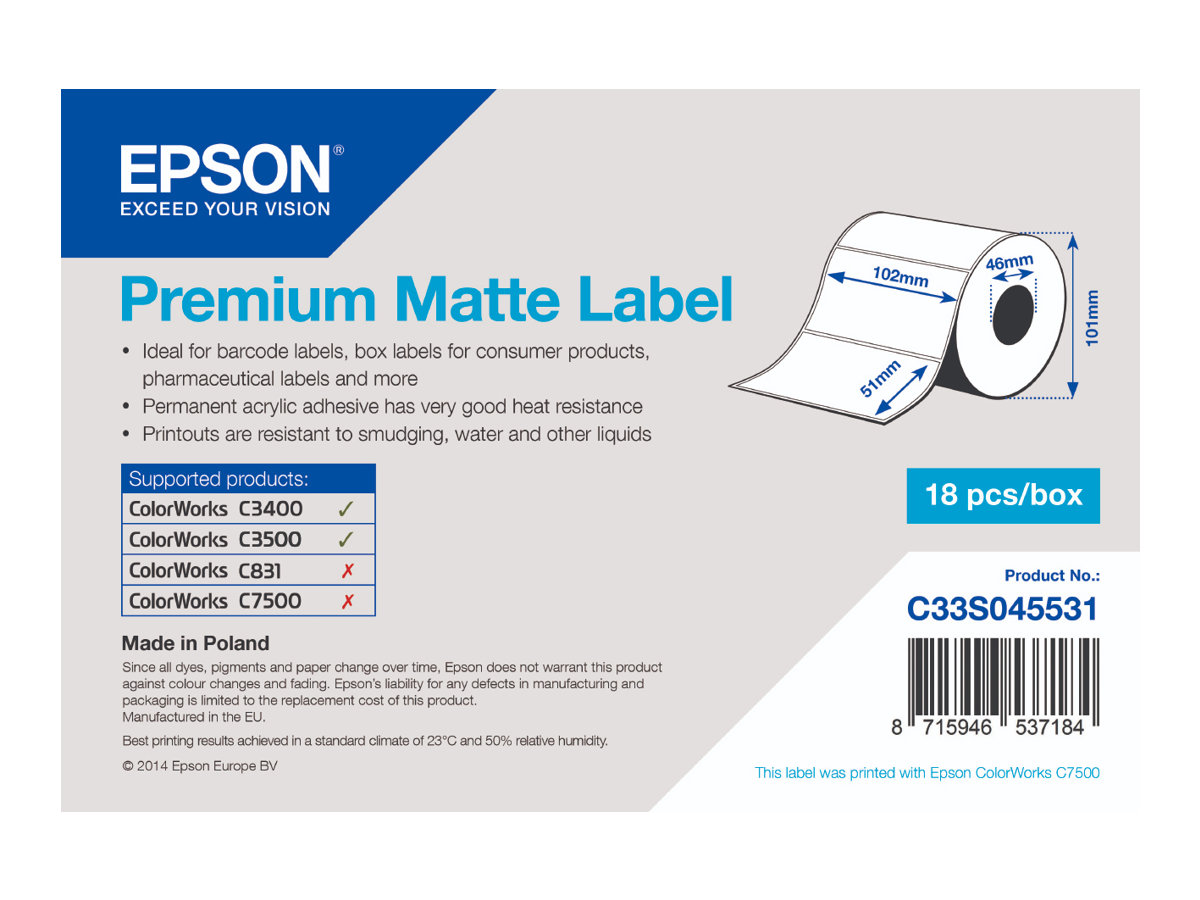Epson Premium - Matt - 102 x 51 mm 650 Etikett(en) (1 Rolle(n) x 650) gestanzte Etiketten - fr Epson TM-C3400-LT; ColorWorks CW