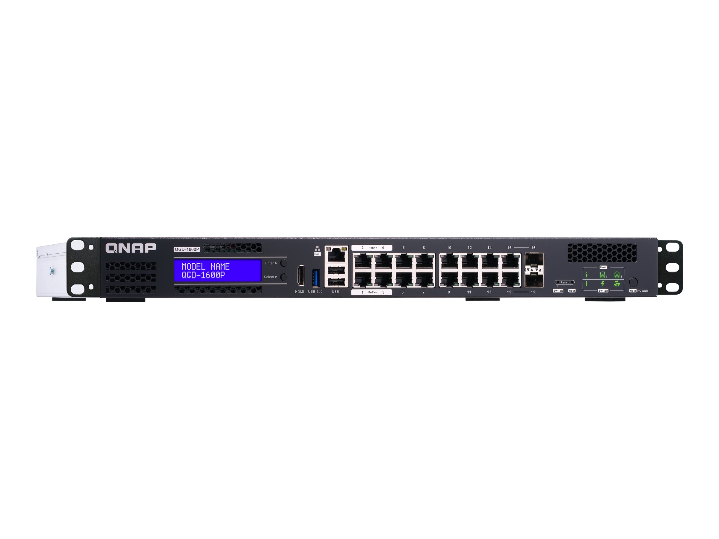 QNAP QGD-1600P - Switch - Smart - 4 x 10/100/1000 (PoE++) + 10 x 10/100/1000 (PoE+) + 2 x Kombinations-Gigabit-SFP (PoE+) - an R