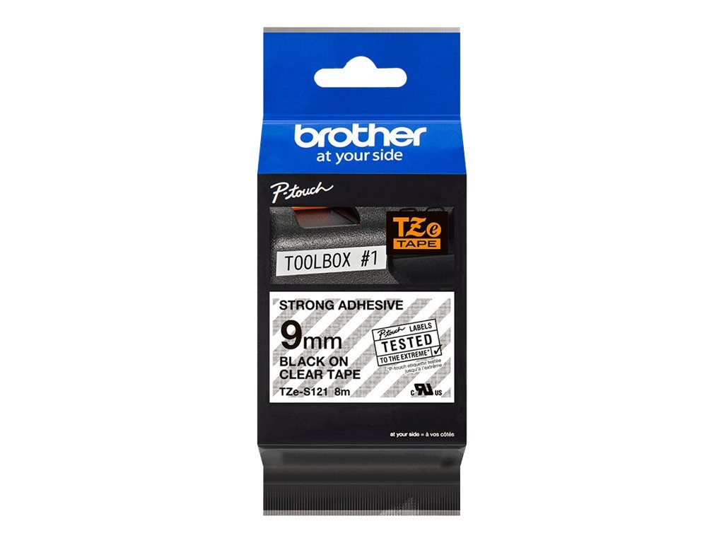 Brother TZe-S121 - Extra starker Klebstoff - schwarz auf durchsichtig - Rolle (0,9 cm x 8 m) 1 Kassette(n) laminiertes Band - f