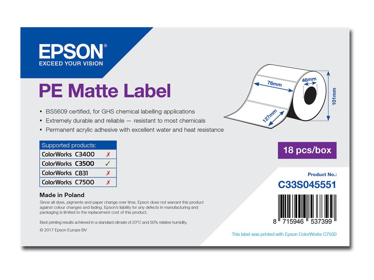 Epson PE - Matt - 76 x 127 mm 220 Etikett(en) (1 Rolle(n) x 220) gestanzte Etiketten - fr ColorWorks CW-C4000E (BK), CW-C4000E 