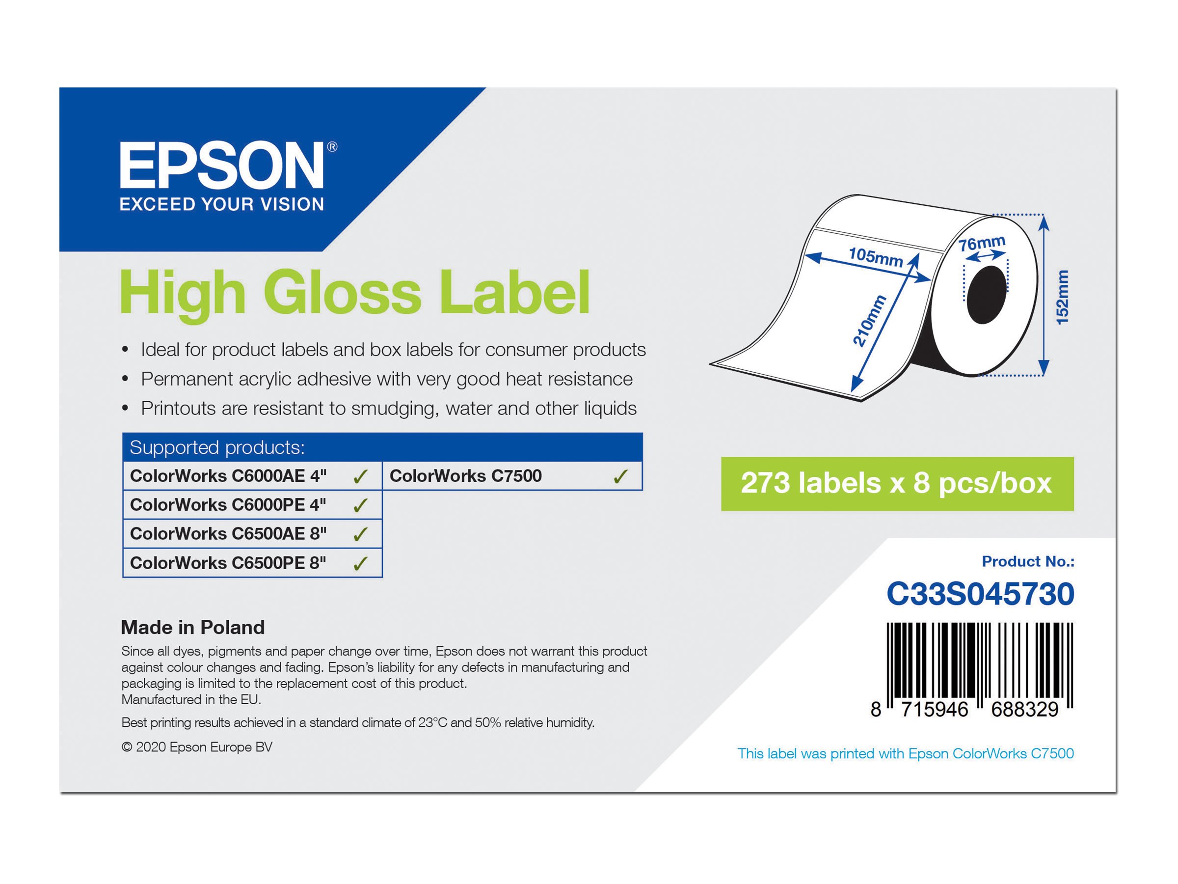 Epson - Hochglnzend - permanenter Acrylklebstoff - 105 x 210 mm 273 Etikett(en) (1 Rolle(n) x 273) gestanzte Etiketten - fr Co