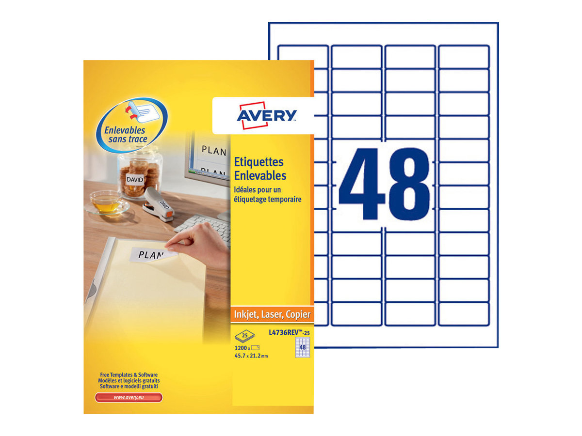 Avery - Entfernbarer Klebstoff - weiss - 45.7 x 21.2 mm 1200 Etikett(en) (25 Bogen x 48) Etiketten