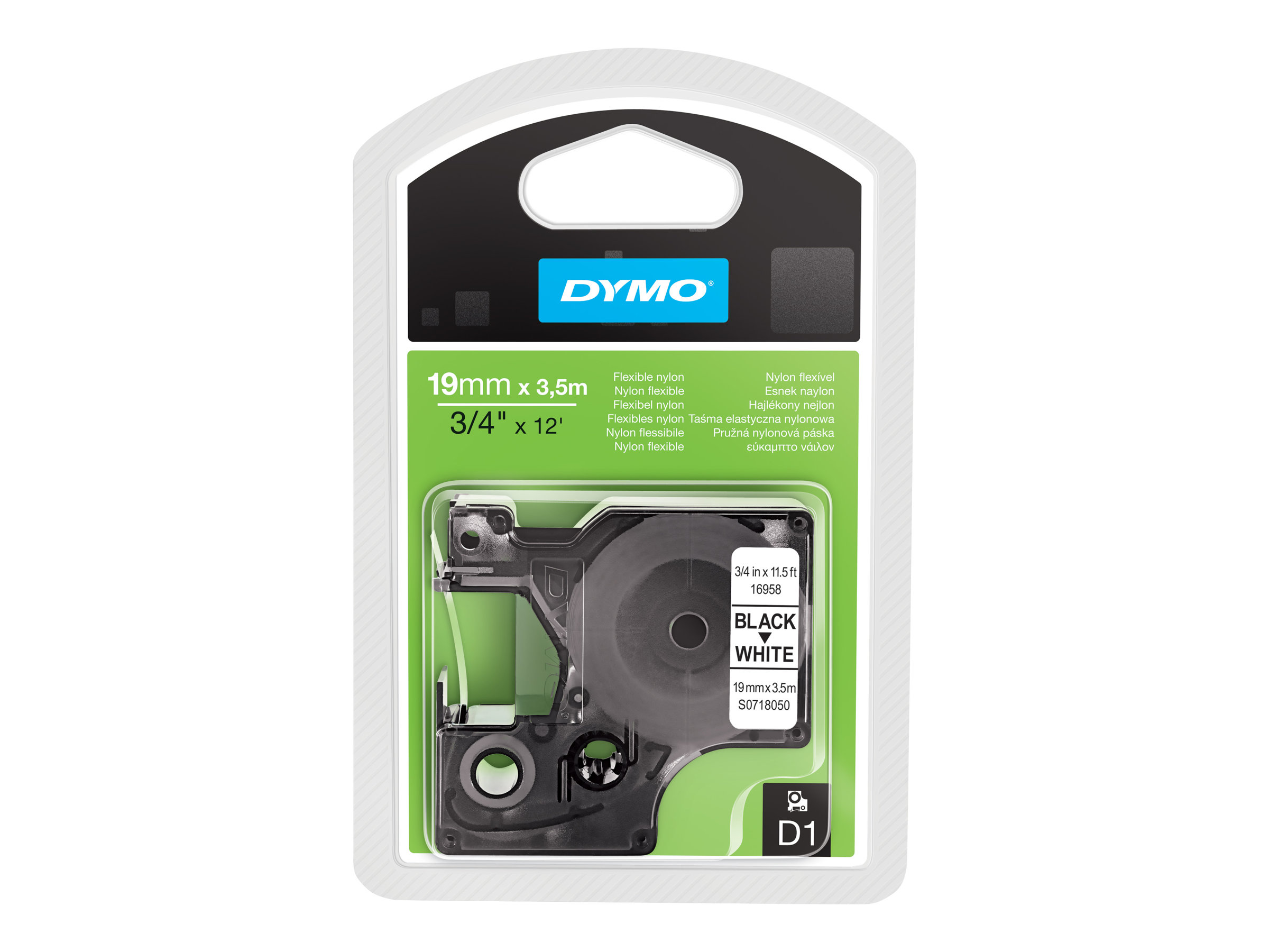 DYMO D1 - Nylon - permanenter Klebstoff - Schwarz auf Weiss - Roll (1.9 cm x 3.5 m) 1 Kassette(n) flexibles Etikettenband - fr 