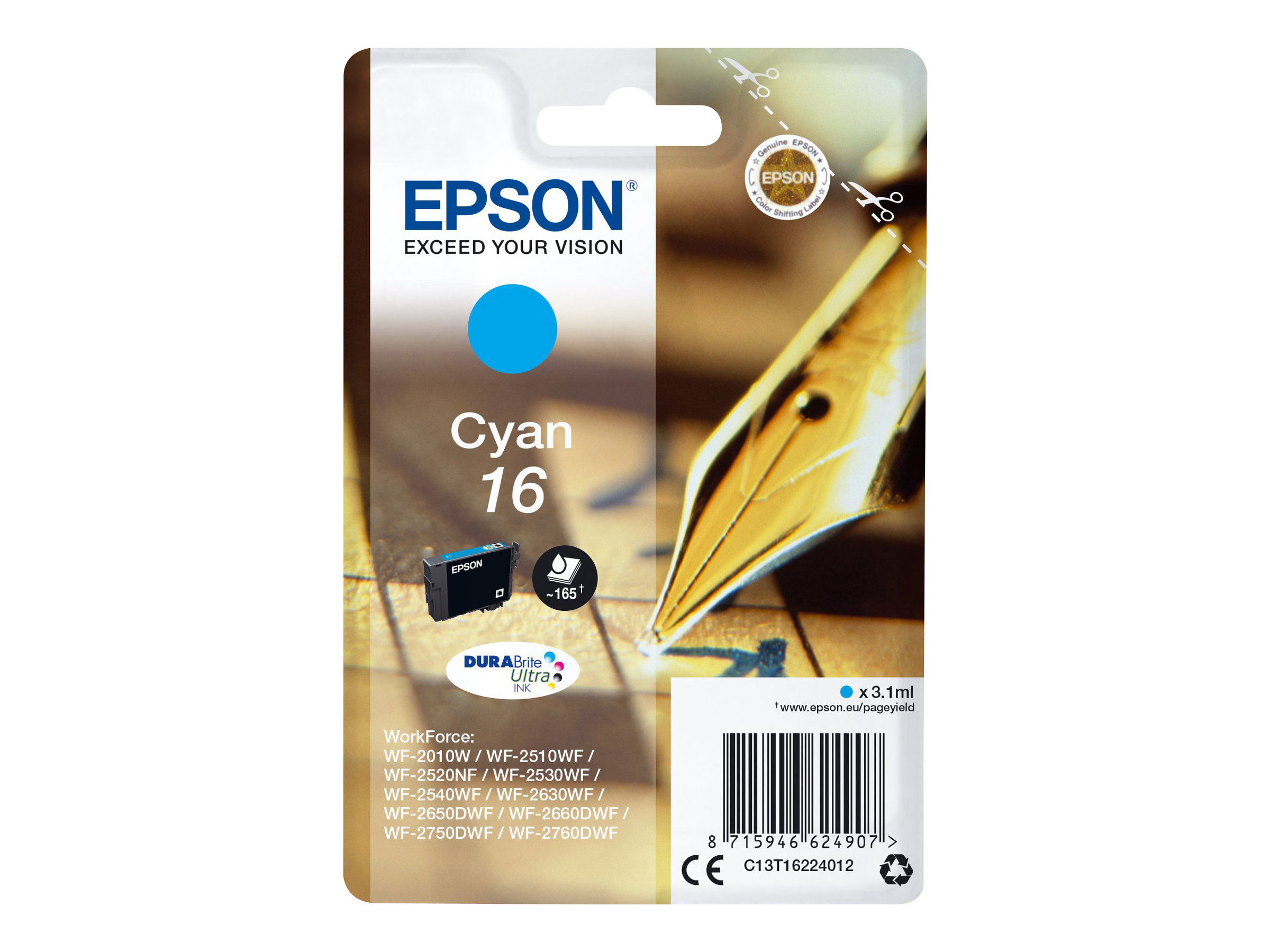 Epson 16 - 3.1 ml - Cyan - Original - Tintenpatrone - fr WorkForce WF-2010, 2510, 2520, 2530, 2540, 2630, 2650, 2660, 2750, 276