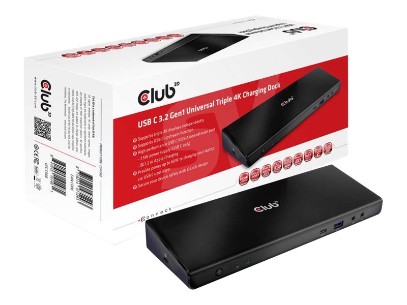 Club 3D SenseVision Connect USB C 3.2 Gen1 Universal Triple 4K Charging Dock - Dockingstation - USB-C 3.2 - 3 x HDMI, 2 x DP - 1