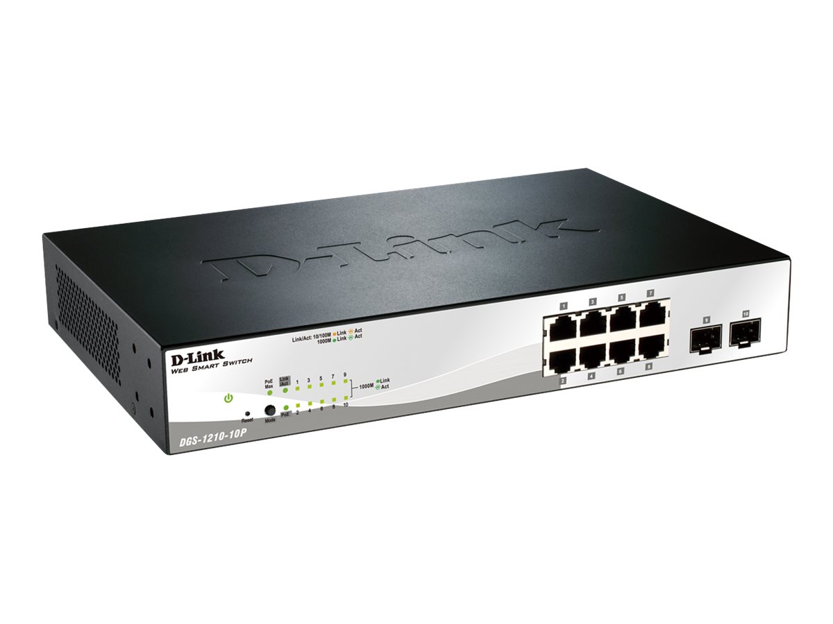 D-Link Web Smart DGS-1210-10P - Switch - managed - 8 x 10/100/1000 (PoE+) + 2 x Gigabit SFP - Desktop - PoE+ (78 W)