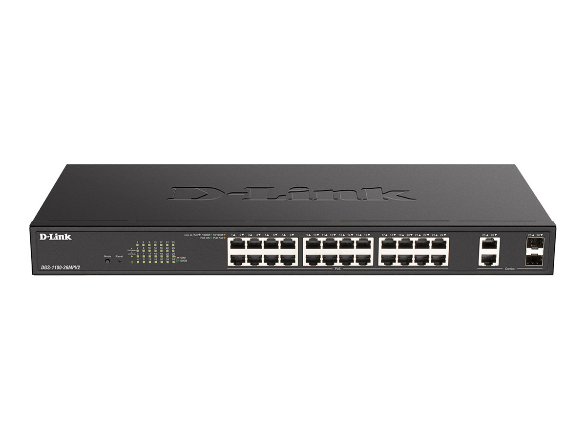 D-Link DGS 1100-26MPV2 - Switch - Smart - 24 x 10/100/1000 (PoE) + 2 x Kombi-Gigabit-SFP - Desktop, an Rack montierbar - PoE (37