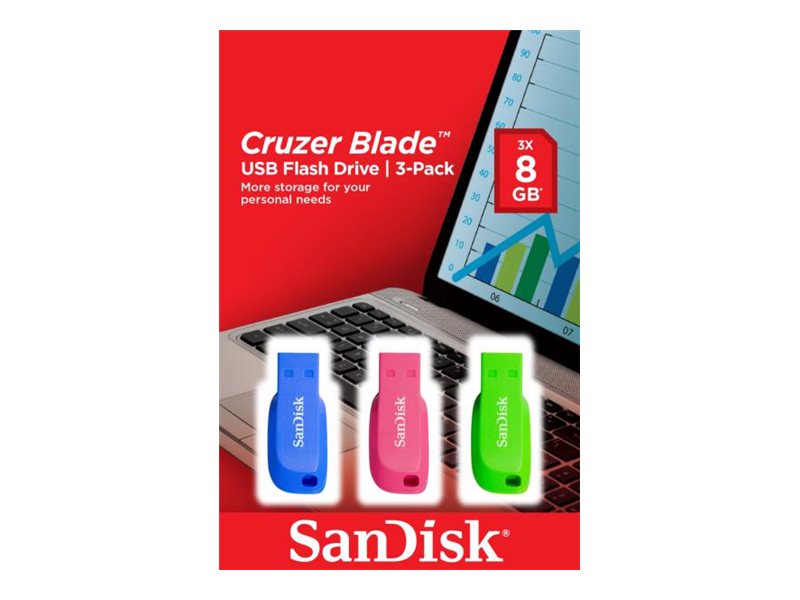 SanDisk Cruzer Blade - USB-Flash-Laufwerk - 32 GB - USB 2.0 - Blau, grn, pink (Packung mit 3)