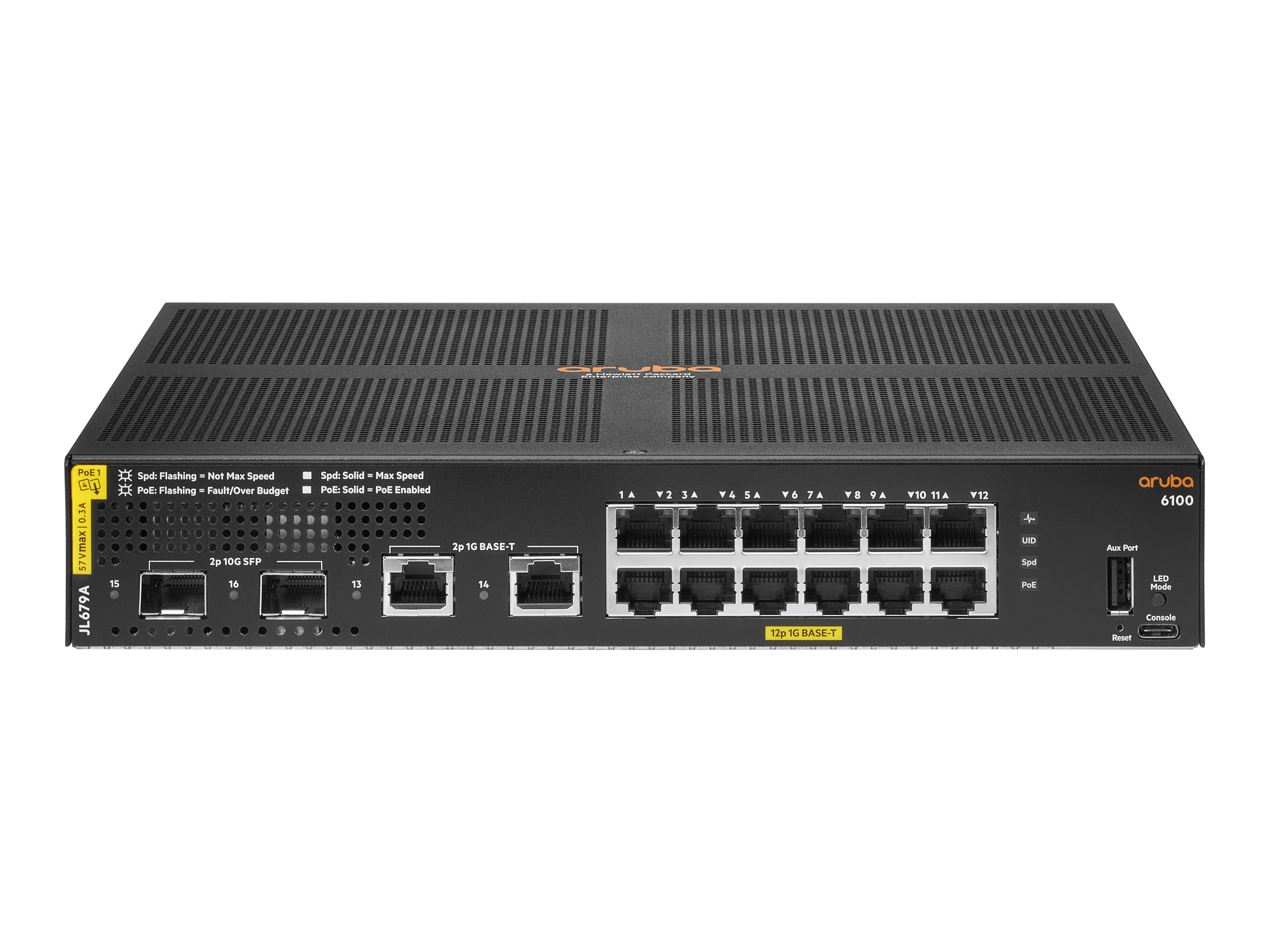 HPE Aruba 6100 12G Class4 PoE 2G/2SFP+ 139W Switch - Switch - managed - 12 x 10/100/1000 (PoE+) + 2 x 1 Gigabit / 10 Gigabit SFP