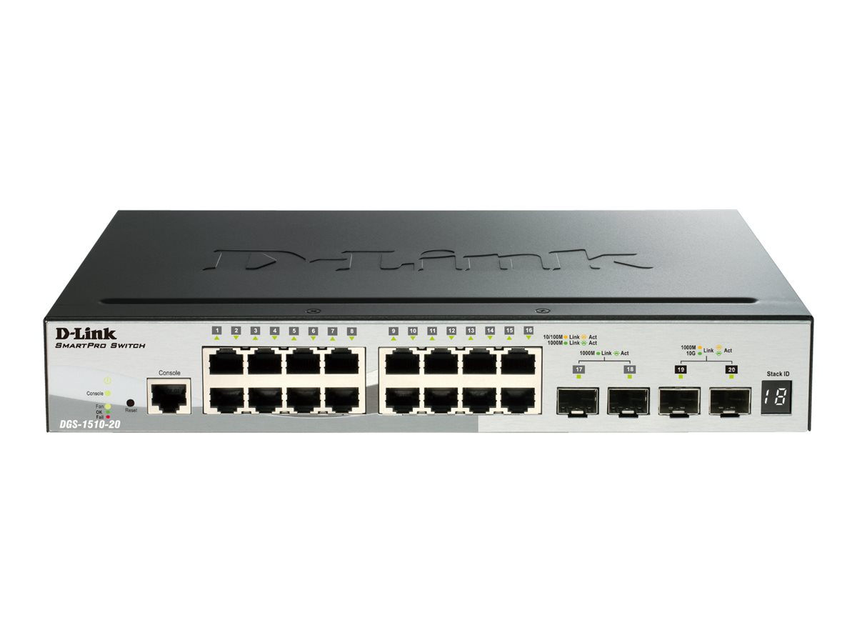 D-Link DGS 1510-20 - Switch - L3 - Smart - 16 x 10/100/1000 + 2 x Gigabit SFP + 2 x 10 Gigabit SFP+ - Desktop, an Rack montierba