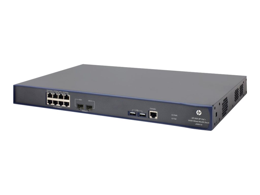 HPE 830 8-Port PoE+ Unified Wired-WLAN Switch - Switch - managed - 8 x 10/100/1000 (PoE+) + 2 x Gigabit SFP - an Rack montierbar