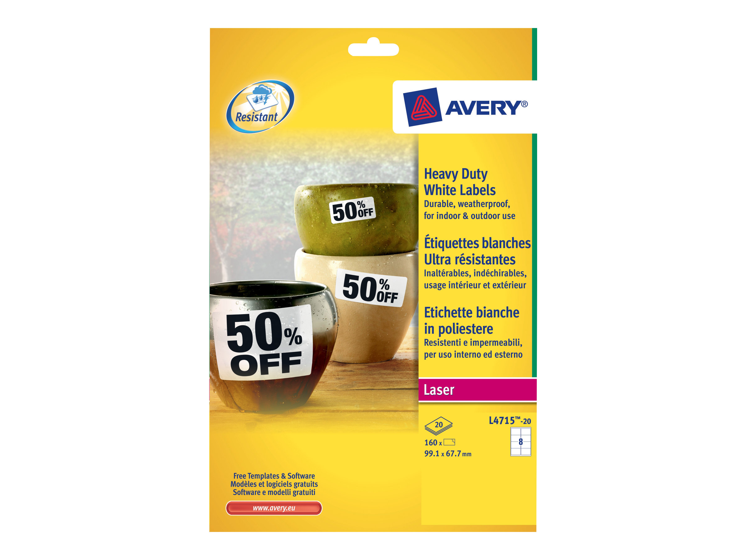 Avery Heavy Duty Laser Labels - Polyester - permanent selbstklebend - weiss - 99.1 x 67.7 mm 160 Etikett(en) (20 Bogen x 8) Foli