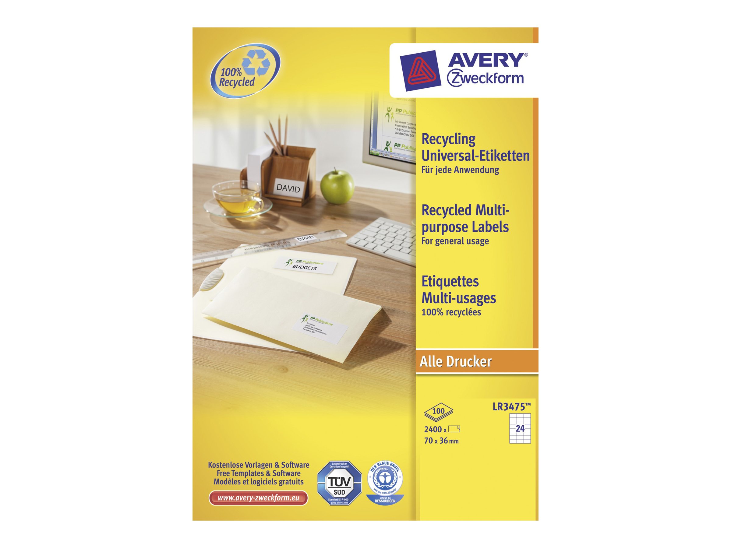 Avery QuickPEEL Recycled Labels LR3475 - 36 x 70 mm 2400 Etikett(en) (100 Bogen x 24) recycelte Etiketten