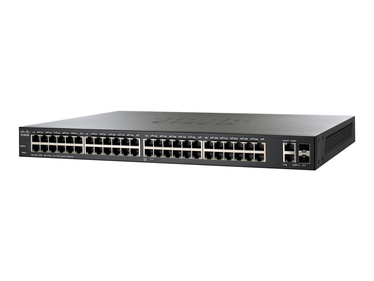 Cisco 220 Series SF220-48P - Switch - managed - 48 x 10/100 (PoE) + 2 x Kombi-Gigabit-SFP - Desktop, an Rack montierbar - PoE (3