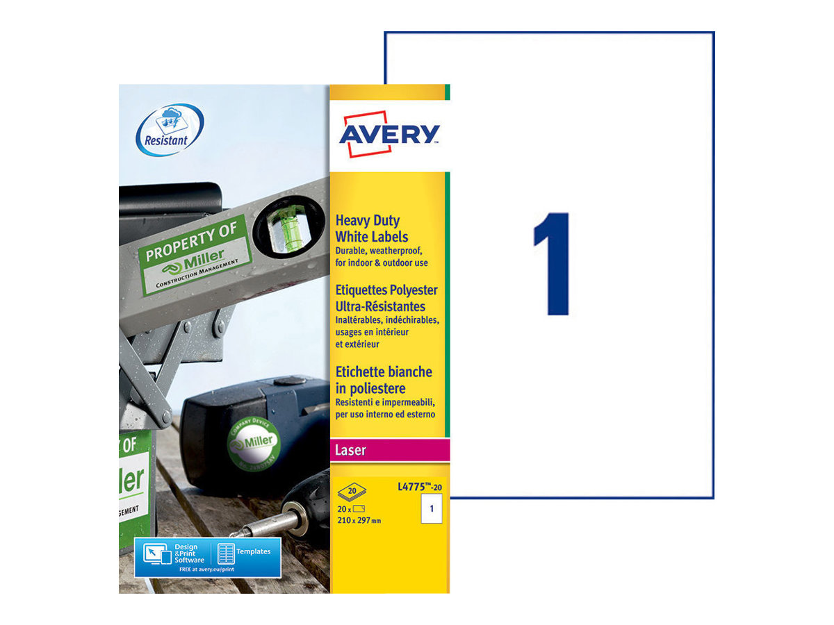 Avery Heavy Duty Laser Labels - Polyester - A4 (210 x 297 mm) 20 Stck. (20 Bogen x 1) Etiketten