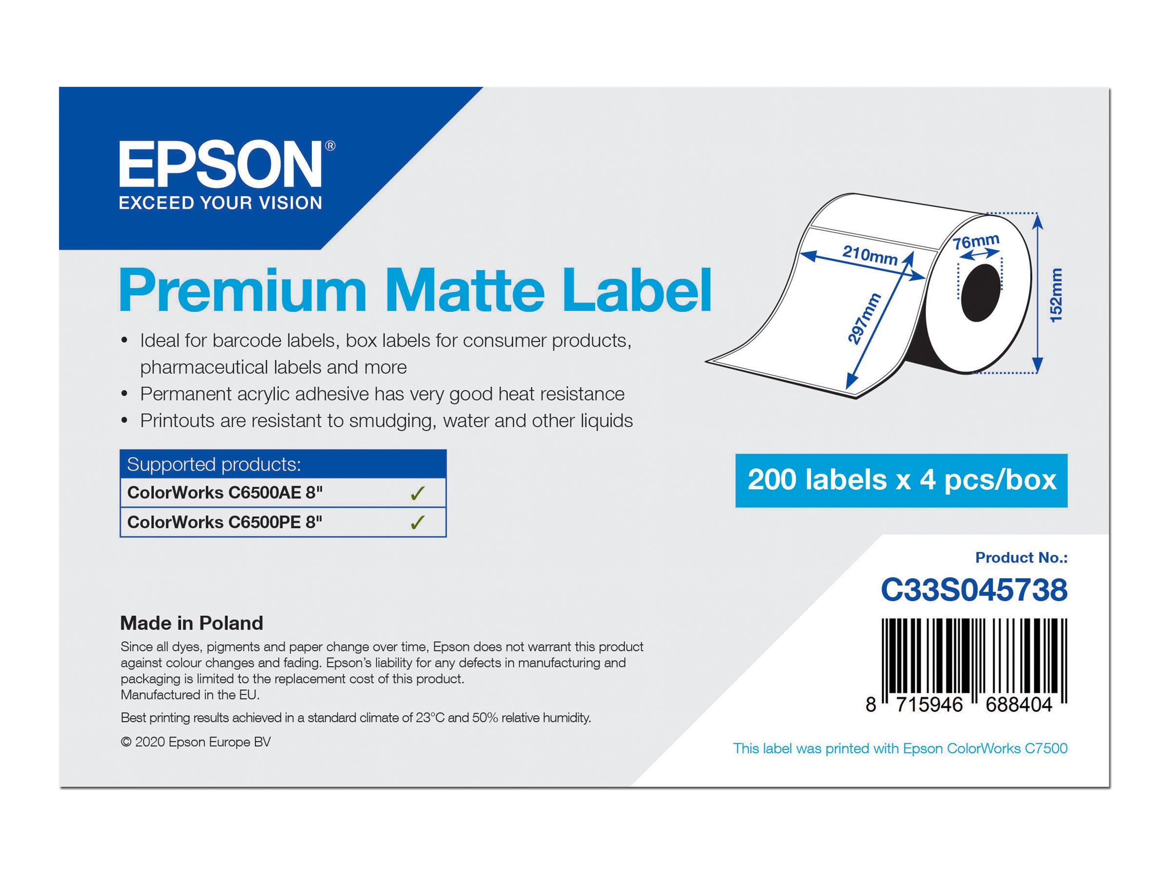Epson Premium - Glatt matt - permanenter Acrylklebstoff - hochweiss - A4 (210 x 297 mm) 800 Etikett(en) (4 Rolle(n) x 200) gesta