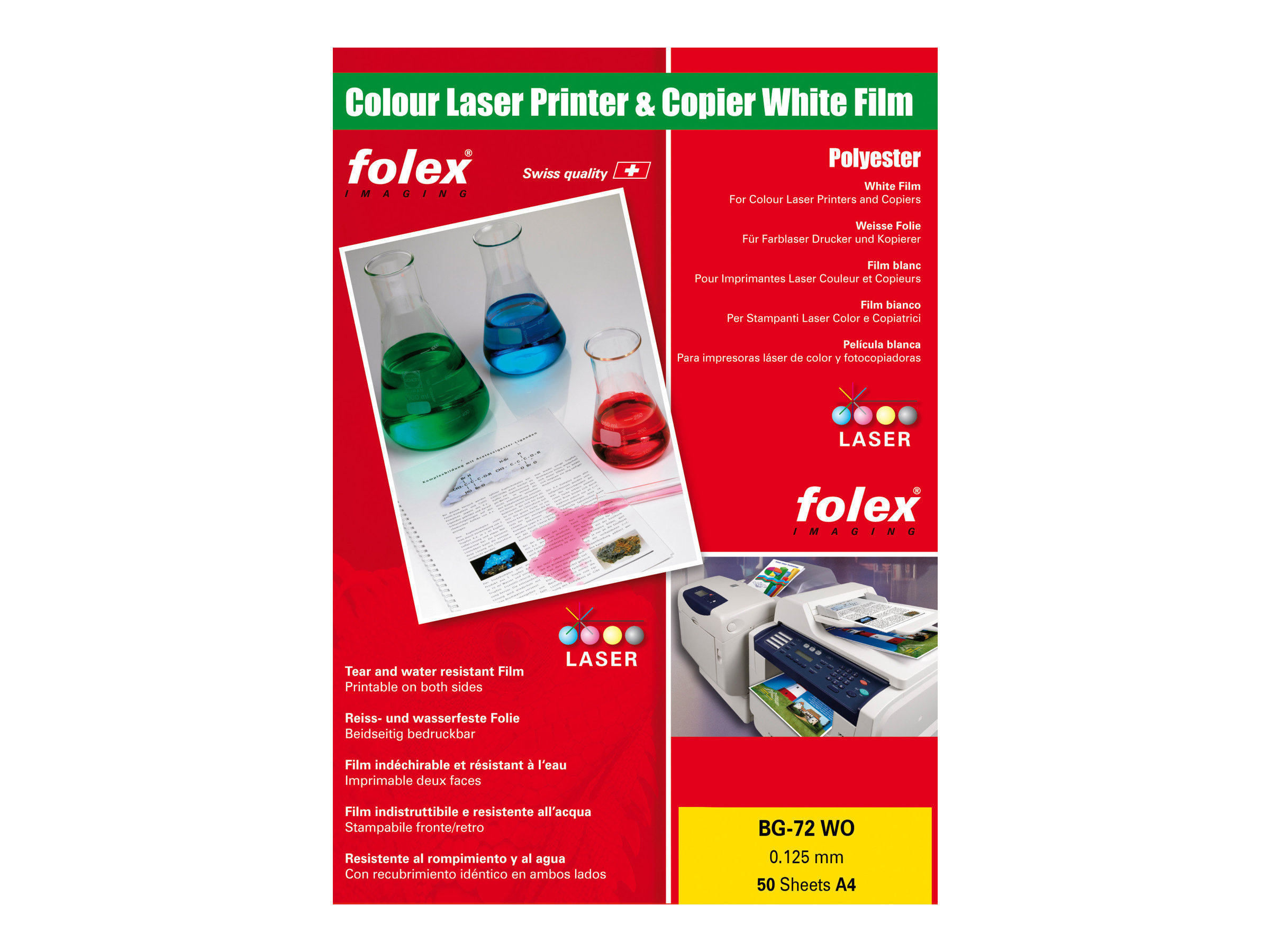 Folex BG-72 WO - Polyester - glnzend - 125 Mikron - Opaque White - A4 (210 x 297 mm) 50 Blatt Folie / Film