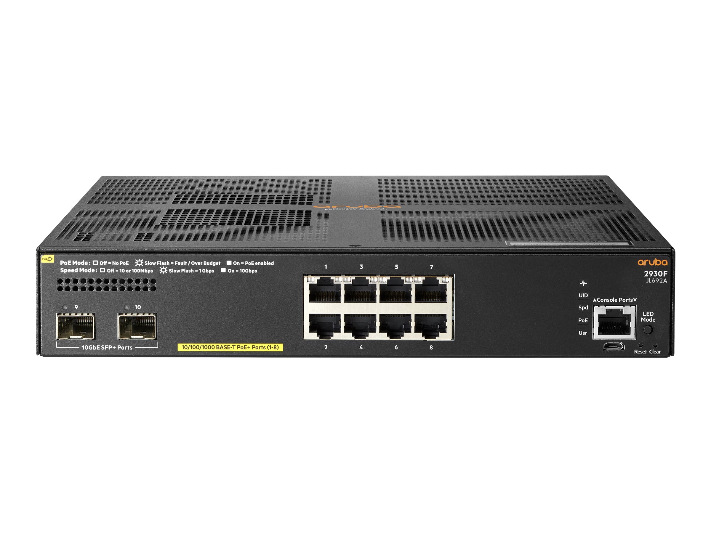 HPE Aruba 2930F 8G PoE+ 2SFP+ TAA - Switch - L3 - managed - 8 x 10/100/1000 (PoE+) + 2 x 1 Gigabit/10 Gigabit SFP+ (Uplink) - an