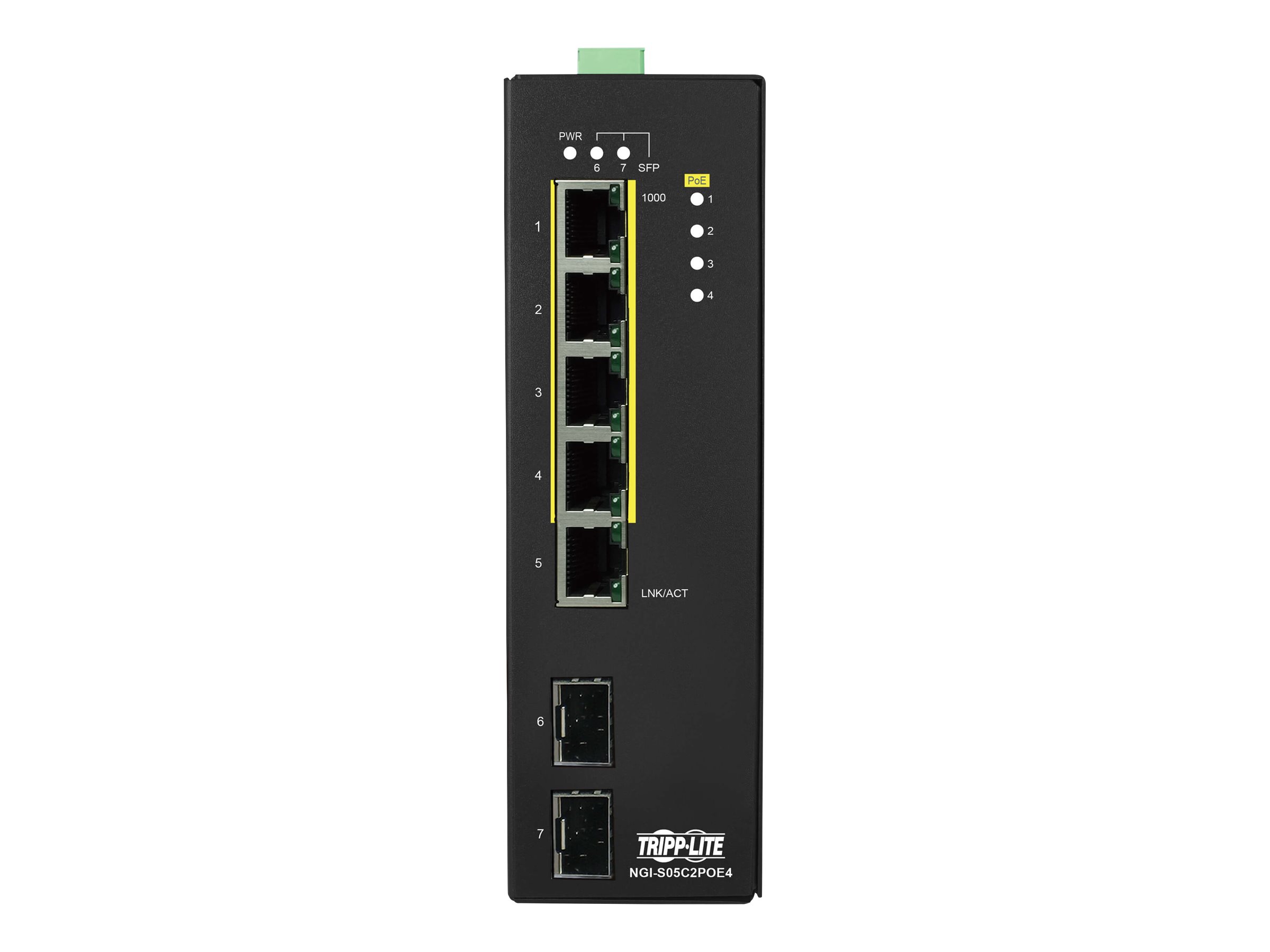 Tripp Lite 5-Port Lite Managed Industrial Gigabit Ethernet Switch - 10/100/1000 Mbps, PoE+ 30W, 2 GbE SFP Slots, -10 to 60C, D