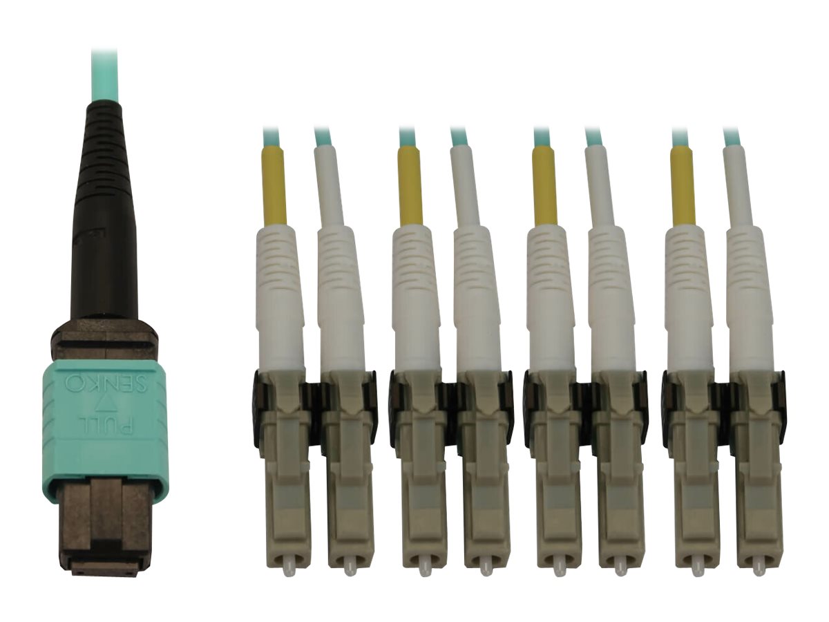 Eaton Tripp Lite Series 40/100/400G Multimode 50/125 OM3 Fiber Optic Cable (12F MTP/MPO-PC to 4x Duplex LC/PC F/M), LSZH, Aqua, 