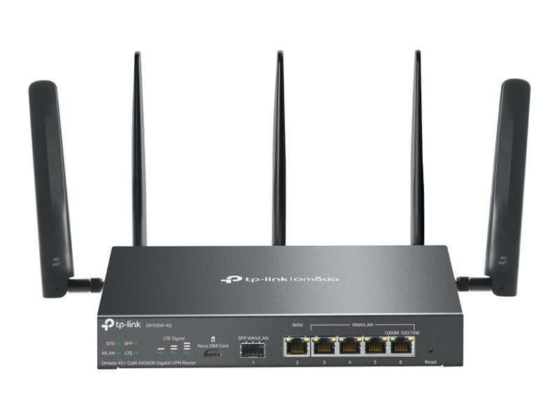 TP-Link Omada ER706W-4G V1 - - Wireless Router - - WWAN 5-Port-Switch - 1GbE - WAN-Ports: 6 - Wi-Fi 6