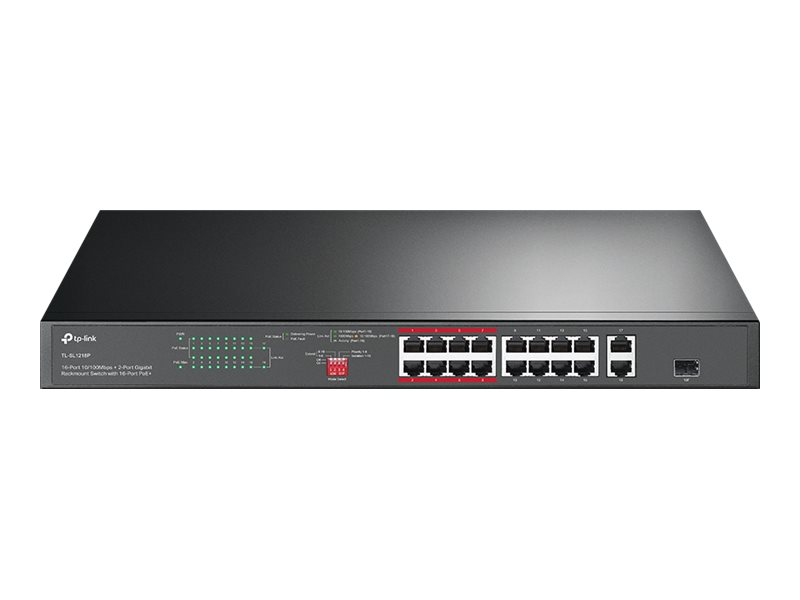 TP-Link JetStream TL-SL1218P - V1 - Switch - unmanaged - 16 x 10/100 (PoE+) + 2 x 10/100/1000 + 1 x Kombi-Gigabit-SFP - an Rack 