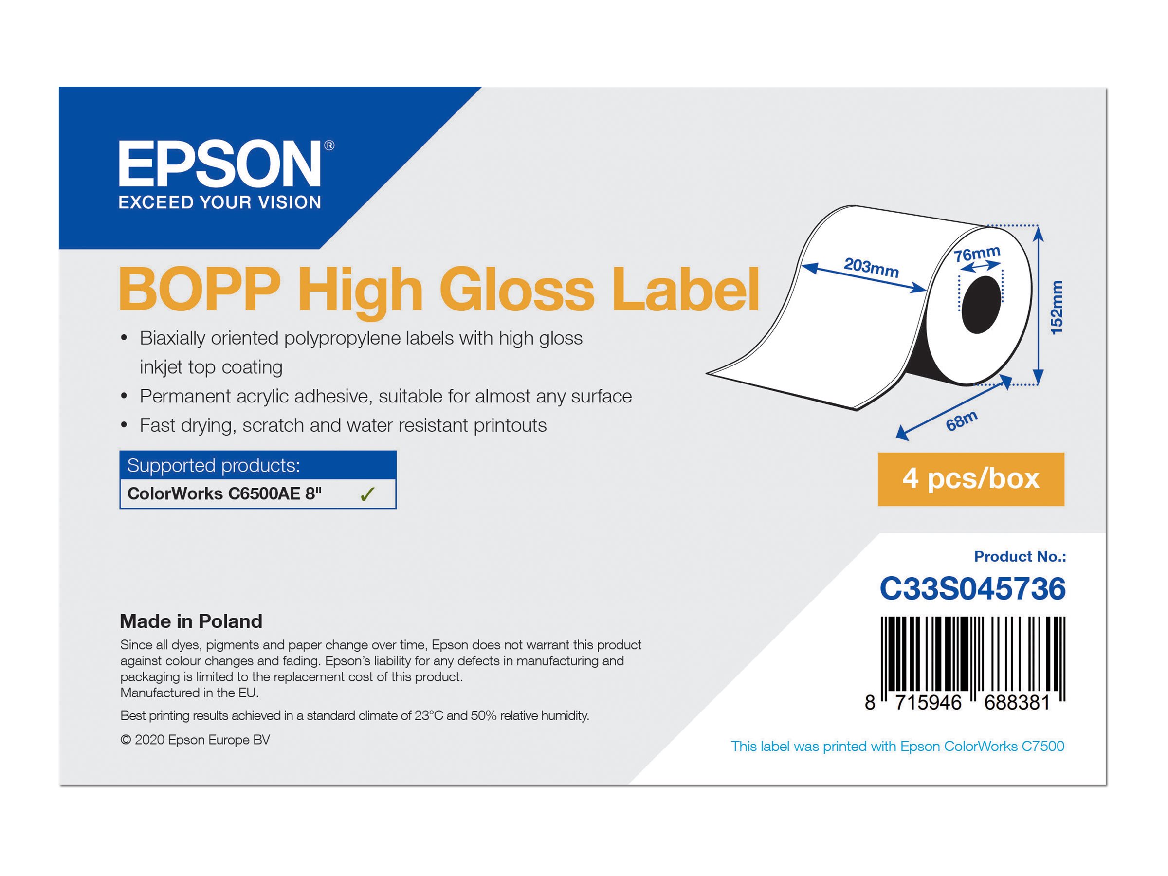 Epson BOPP - Hochglnzend - permanenter Acrylklebstoff - mikropors - weiss - Rolle (20,3 cm x 68 m) 4 Rolle(n) Endlosetiketten